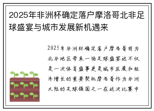 2025年非洲杯确定落户摩洛哥北非足球盛宴与城市发展新机遇来